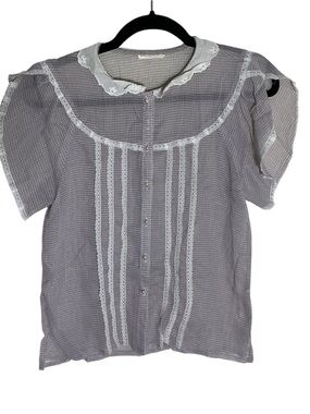 Vtg Gunne Sax Lace Collar Trim Button Down Blouse Gray Square Print Size 5